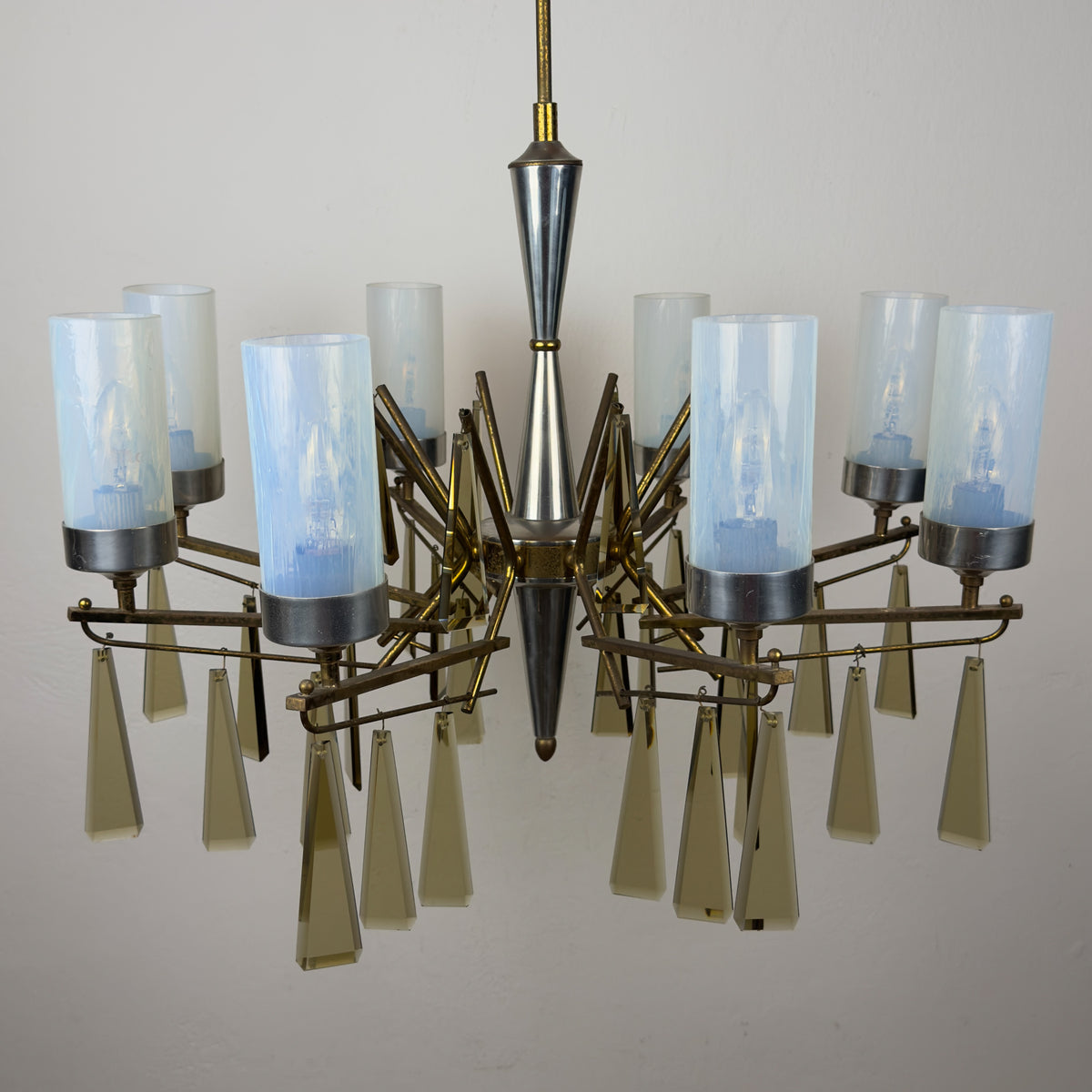 Large Sculptural Italian Mid-Century Chandelier in Brass and Glass, Italy 1950s