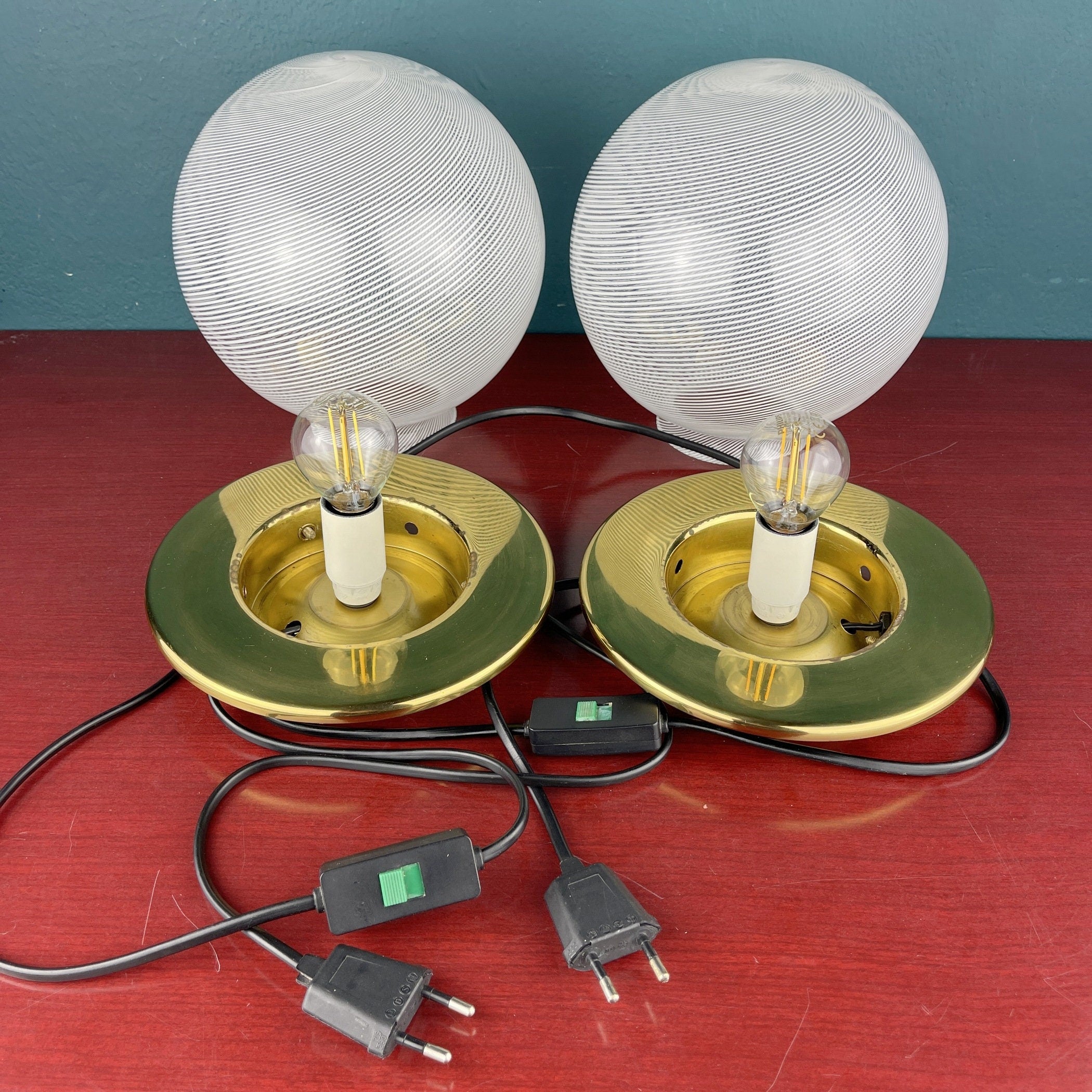 Vintage Murano Glass Table Lamps: F.Fabbian Italian Modern Sphere Set