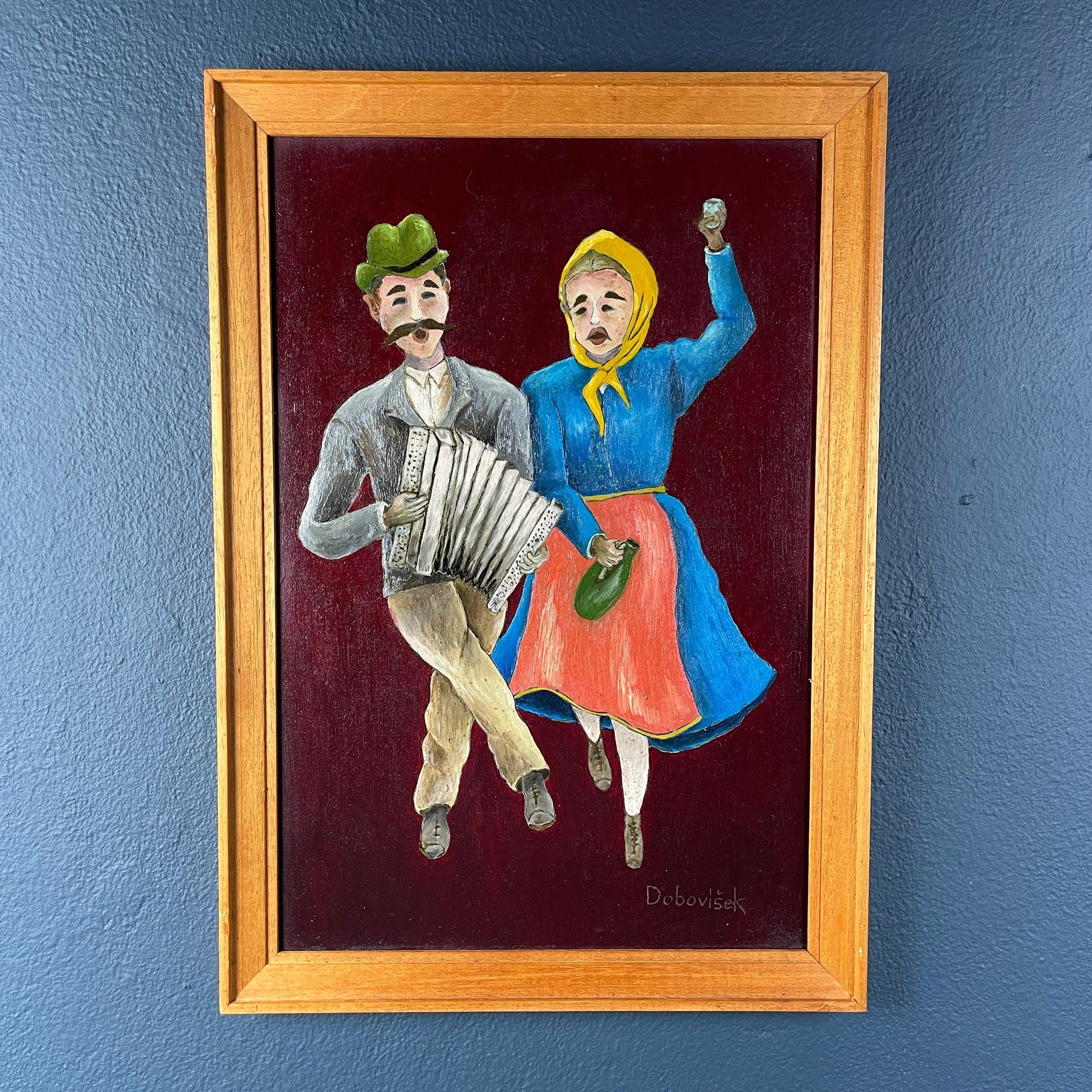 Vintage Folk Art Oil Painting Diptych: Yugoslavia Naive Art, 1970s