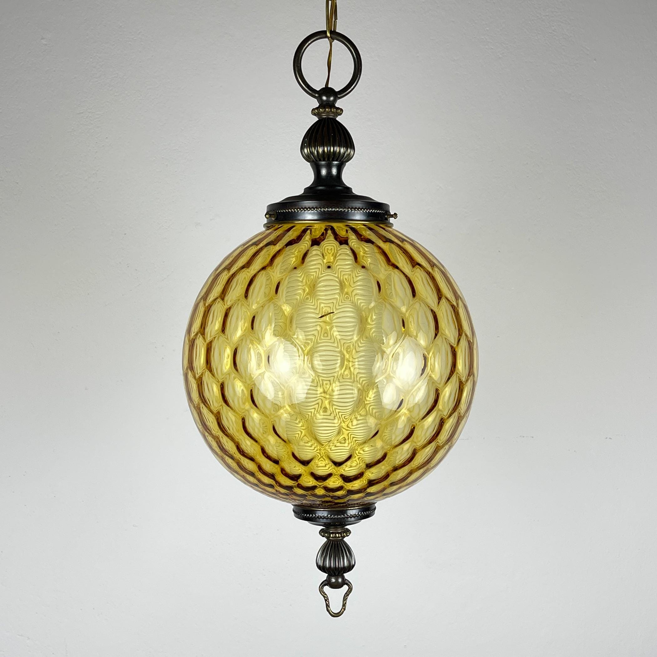 Vintage yelllow murano sphere ball pendant lamp Italy 1970s, Mid-century italian lighting