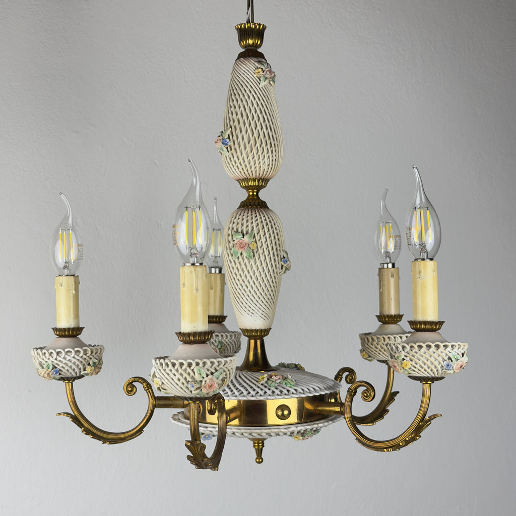 Vintage Art Nouveau Capodimonte Chandelier: Floral Porcelain Lamp, 1930s