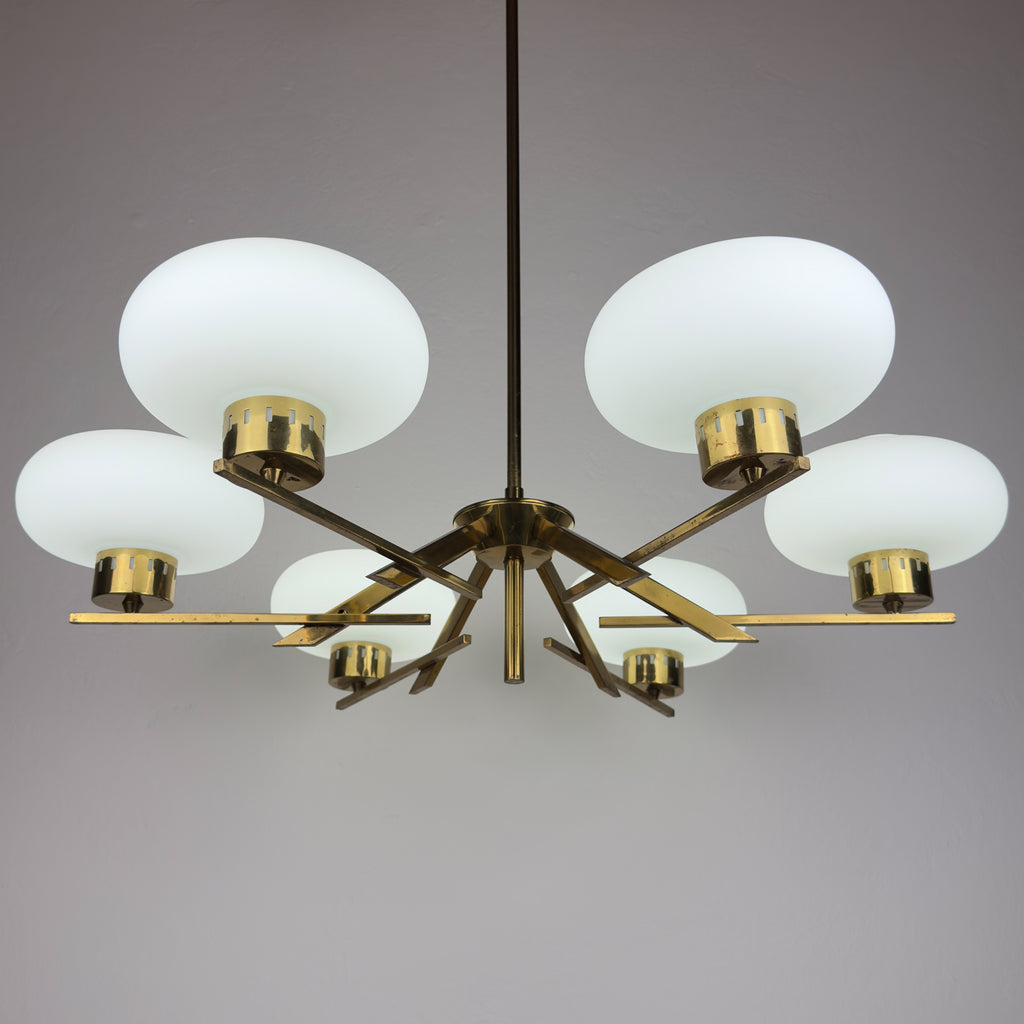 Mid-Century Stilnovo Chandelier with Brass and Opaline Glass, Italy 1970s