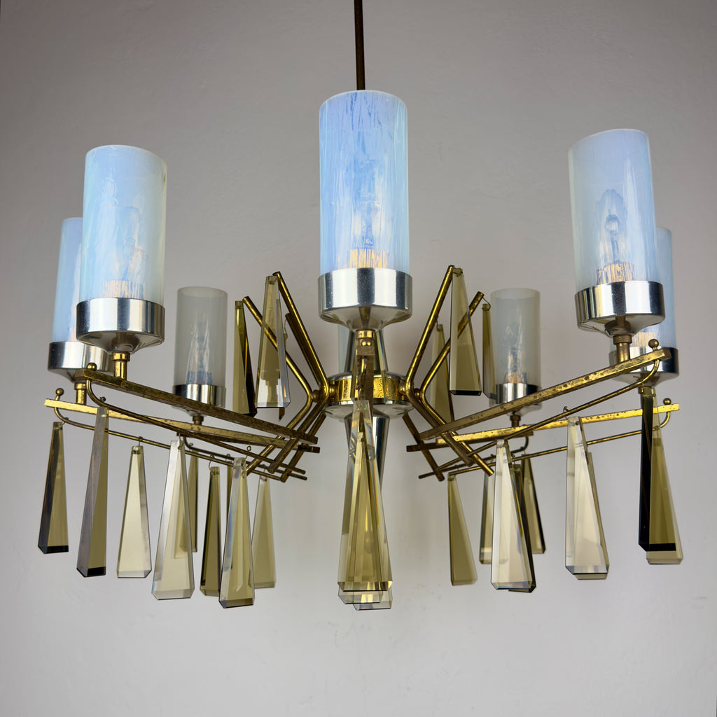 Large Sculptural Italian Mid-Century Chandelier in Brass and Glass, Italy 1950s