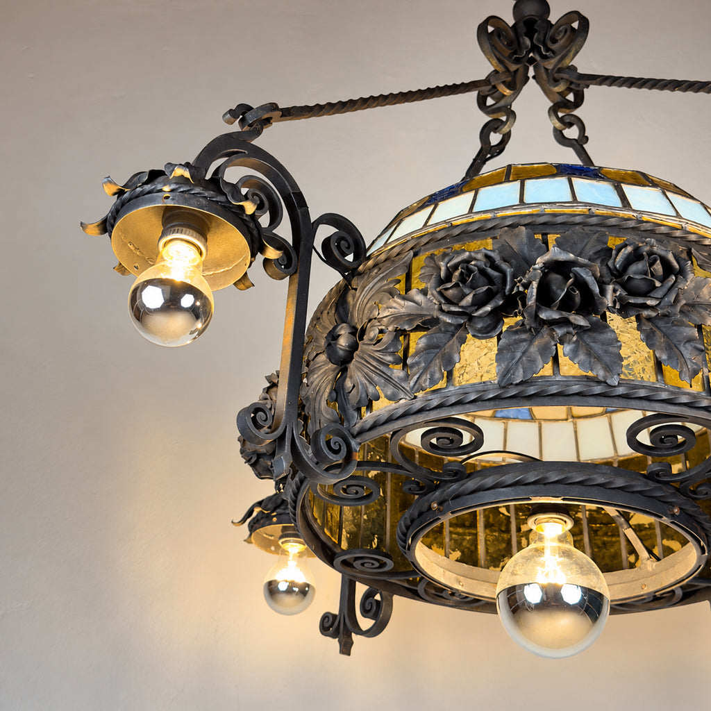 Large Italian Wrought Iron Chandelier, Floral Stained Glass, Art Nouveau Revival, 1950s