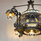 Large Italian Wrought Iron Chandelier, Floral Stained Glass, Art Nouveau Revival, 1950s