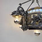 Large Italian Wrought Iron Chandelier, Floral Stained Glass, Art Nouveau Revival, 1950s