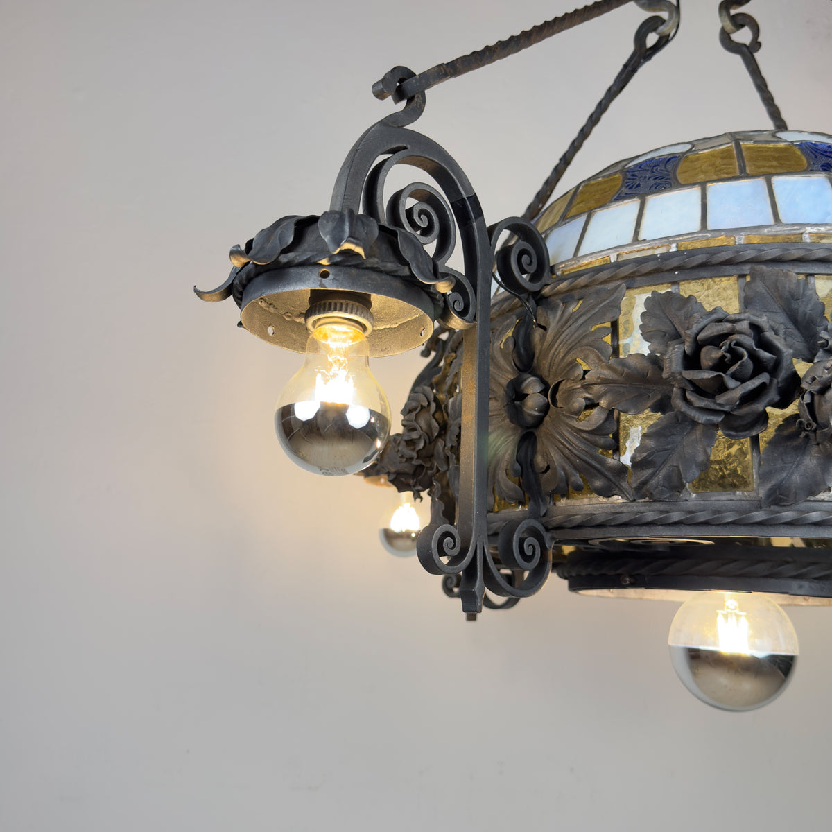 Large Italian Wrought Iron Chandelier, Floral Stained Glass, Art Nouveau Revival, 1950s
