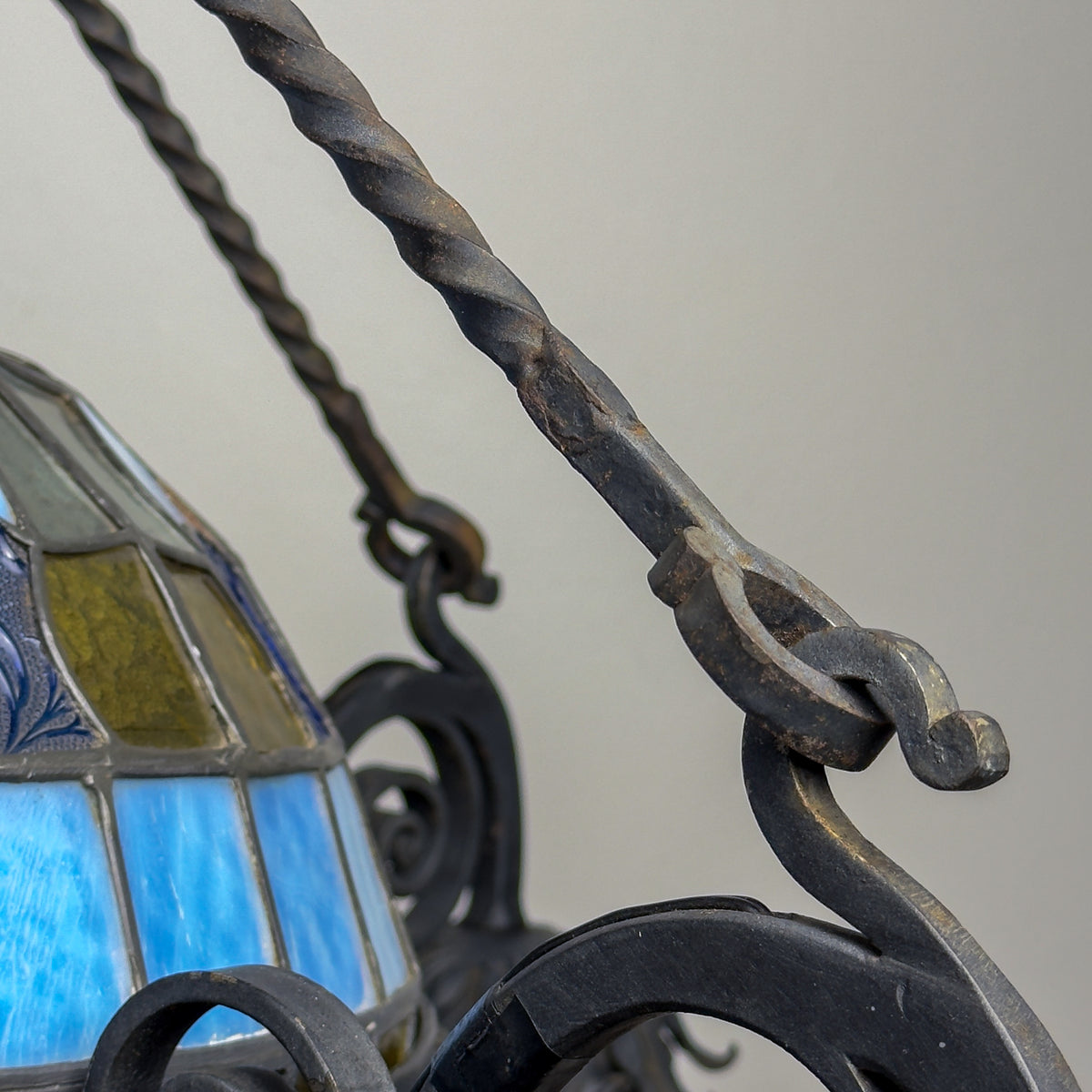 Large Italian Wrought Iron Chandelier, Floral Stained Glass, Art Nouveau Revival, 1950s