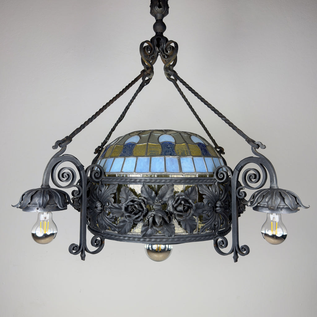 Large Italian Wrought Iron Chandelier, Floral Stained Glass, Art Nouveau Revival, 1950s
