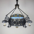Large Italian Wrought Iron Chandelier, Floral Stained Glass, Art Nouveau Revival, 1950s