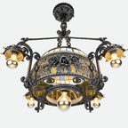 Large Italian Wrought Iron Chandelier, Floral Stained Glass, Art Nouveau Revival, 1950s