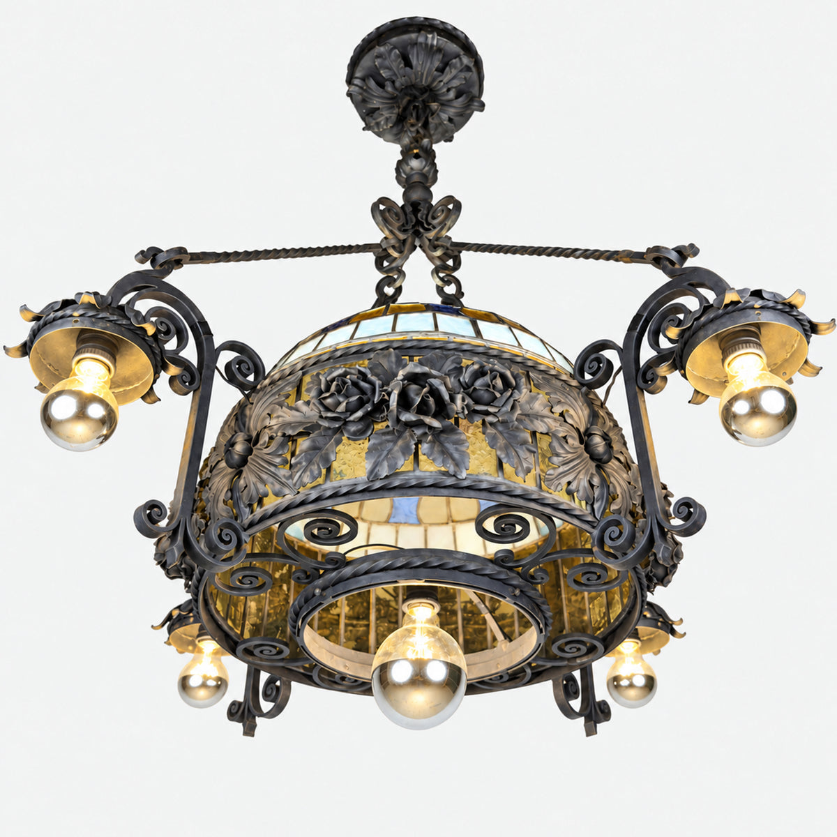 Large Italian Wrought Iron Chandelier, Floral Stained Glass, Art Nouveau Revival, 1950s