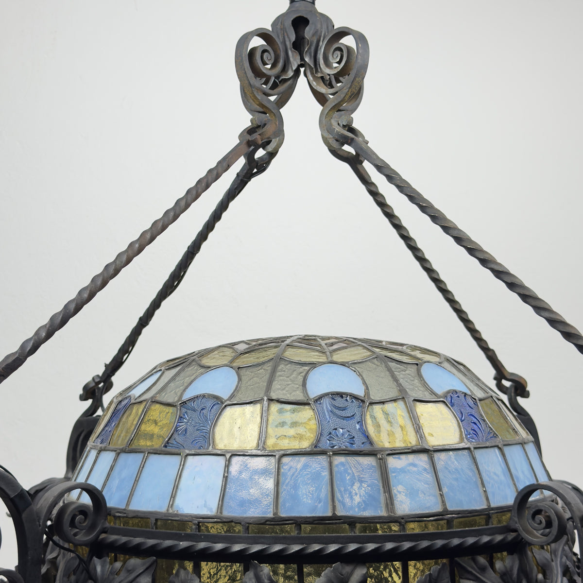 Large Italian Wrought Iron Chandelier, Floral Stained Glass, Art Nouveau Revival, 1950s
