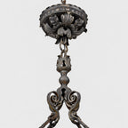Large Italian Wrought Iron Chandelier, Floral Stained Glass, Art Nouveau Revival, 1950s