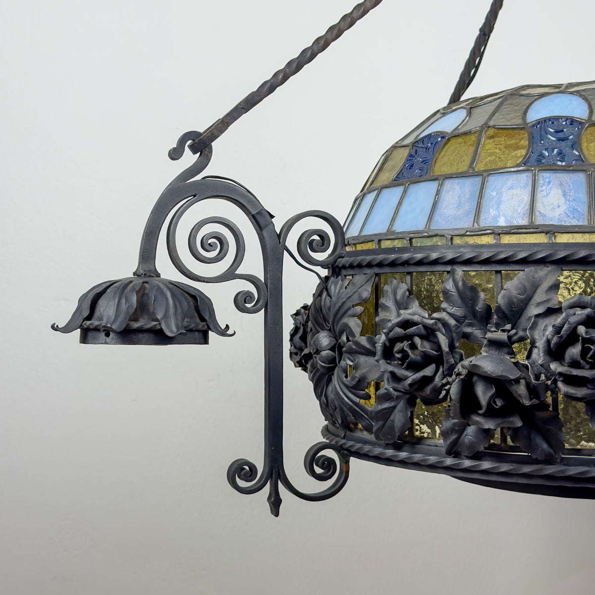 Large Italian Wrought Iron Chandelier, Floral Stained Glass, Art Nouveau Revival, 1950s