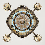 Large Italian Wrought Iron Chandelier, Floral Stained Glass, Art Nouveau Revival, 1950s