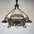 Large Italian Wrought Iron Chandelier, Floral Stained Glass, Art Nouveau Revival, 1950s