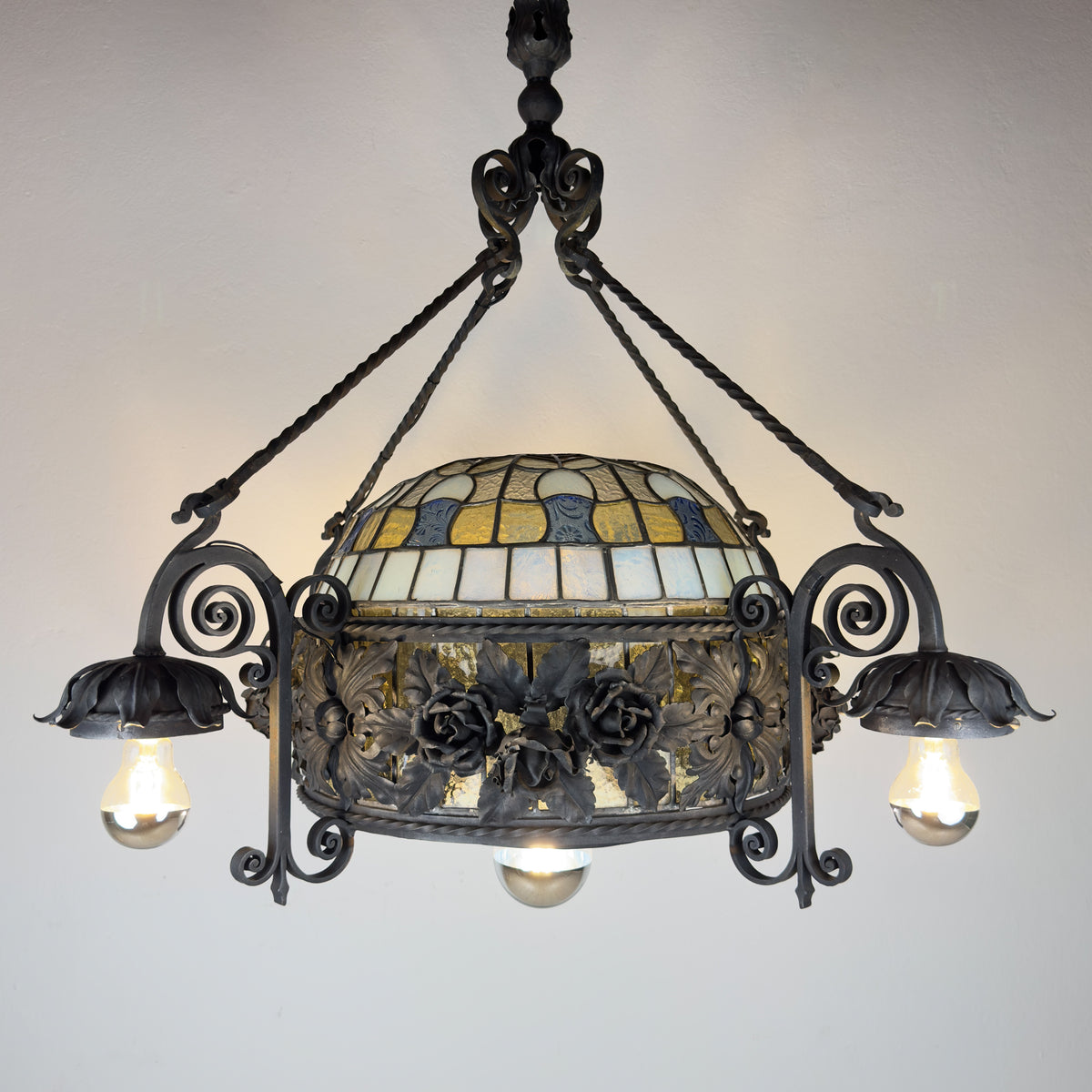 Large Italian Wrought Iron Chandelier, Floral Stained Glass, Art Nouveau Revival, 1950s