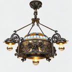 Large Italian Wrought Iron Chandelier, Floral Stained Glass, Art Nouveau Revival, 1950s