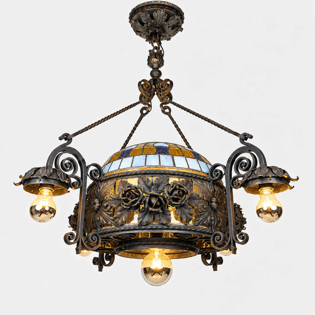 Large Italian Wrought Iron Chandelier, Floral Stained Glass, Art Nouveau Revival, 1950s
