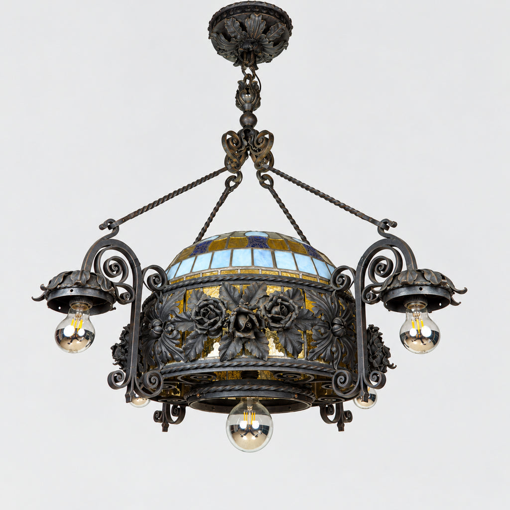 Large Italian Wrought Iron Chandelier, Floral Stained Glass, Art Nouveau Revival, 1950s