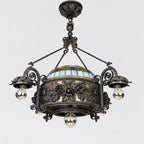 Large Italian Wrought Iron Chandelier, Floral Stained Glass, Art Nouveau Revival, 1950s