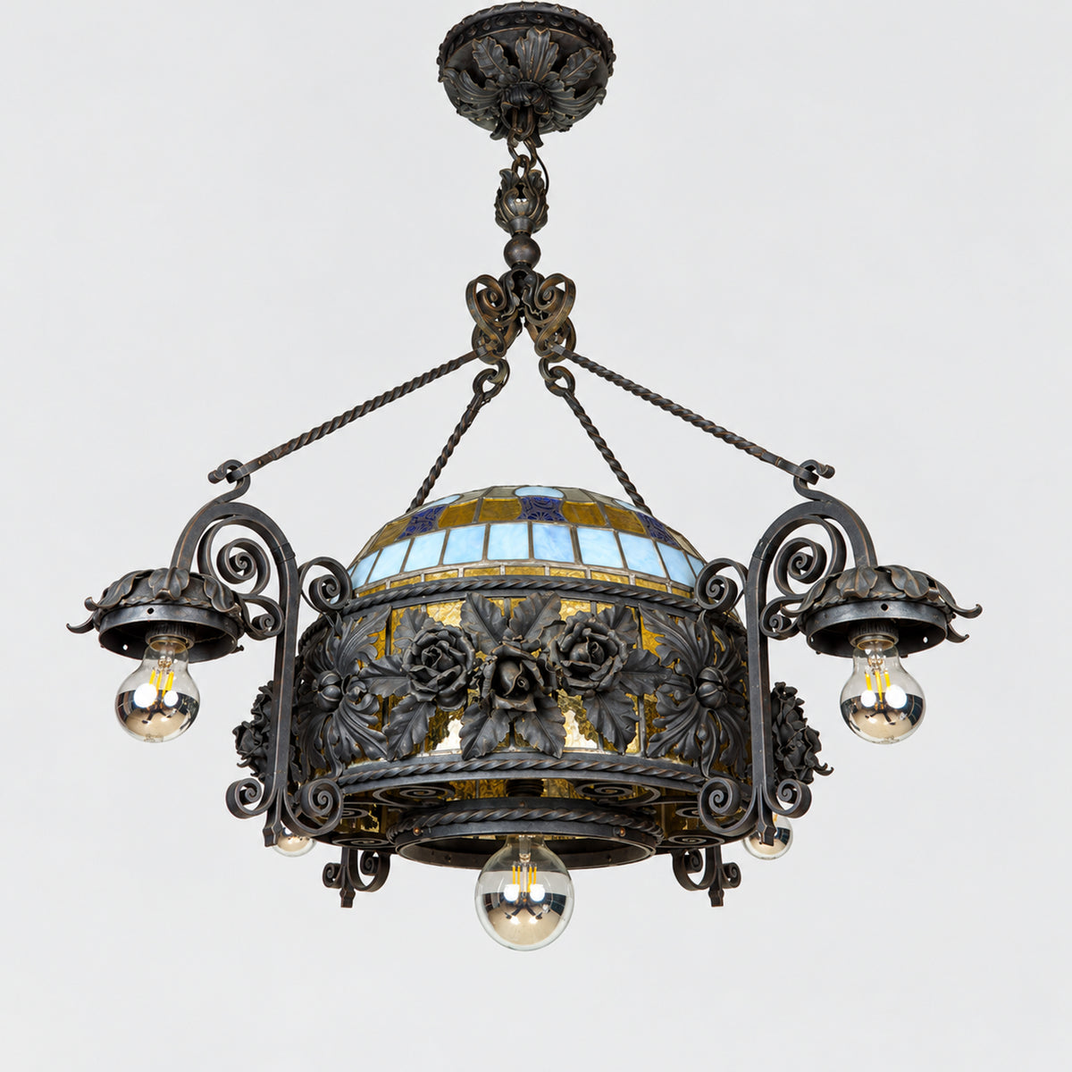 Large Italian Wrought Iron Chandelier, Floral Stained Glass, Art Nouveau Revival, 1950s