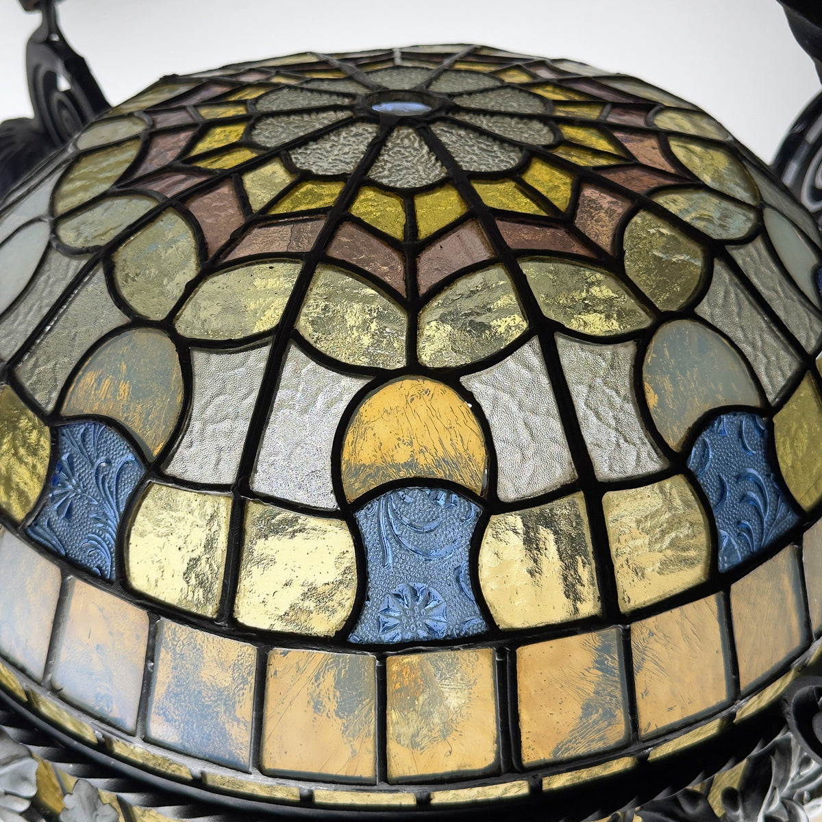 Large Italian Wrought Iron Chandelier, Floral Stained Glass, Art Nouveau Revival, 1950s