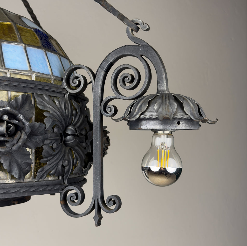 Large Italian Wrought Iron Chandelier, Floral Stained Glass, Art Nouveau Revival, 1950s