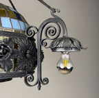 Large Italian Wrought Iron Chandelier, Floral Stained Glass, Art Nouveau Revival, 1950s