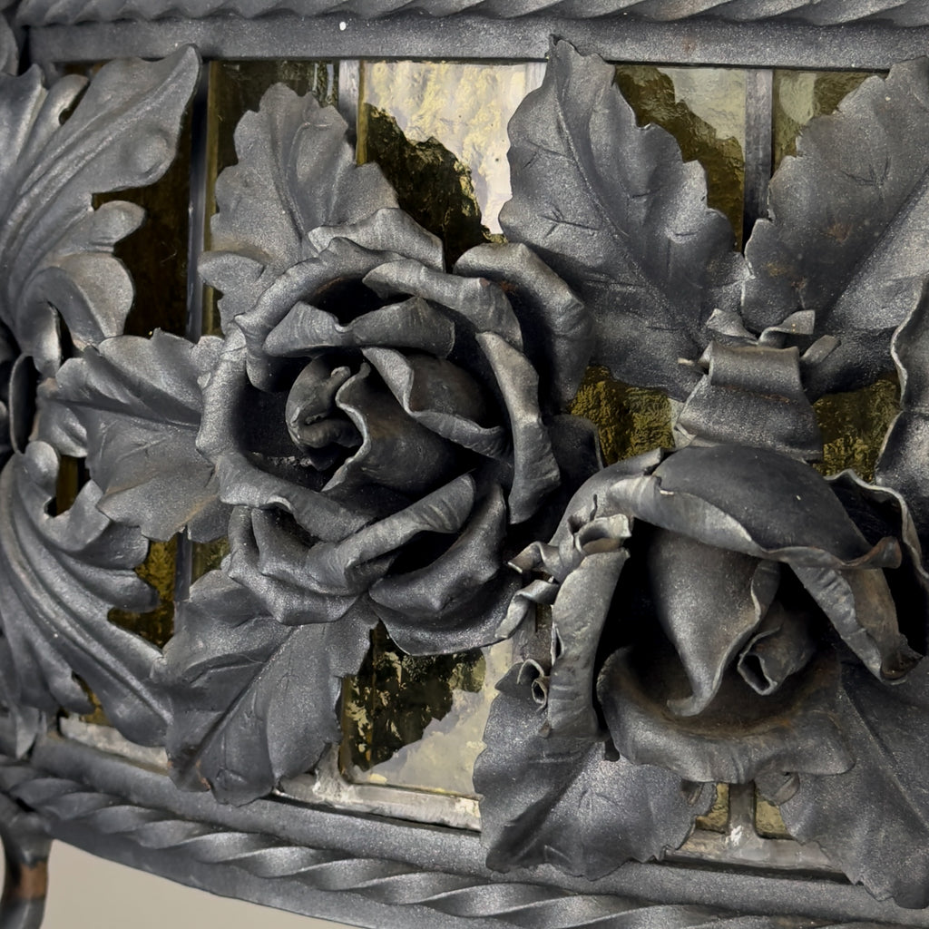 Large Italian Wrought Iron Chandelier, Floral Stained Glass, Art Nouveau Revival, 1950s