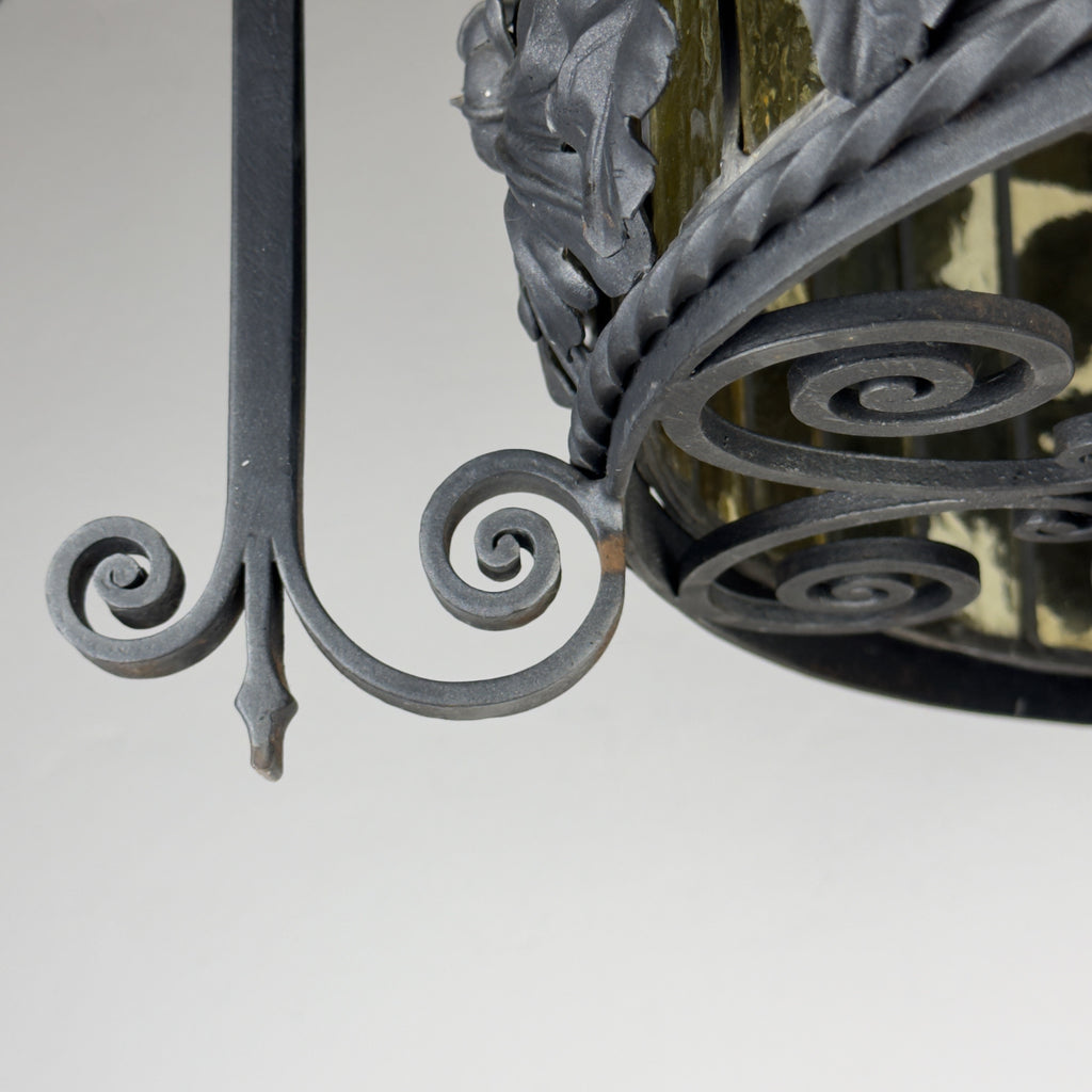 Large Italian Wrought Iron Chandelier, Floral Stained Glass, Art Nouveau Revival, 1950s