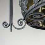 Large Italian Wrought Iron Chandelier, Floral Stained Glass, Art Nouveau Revival, 1950s