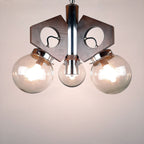 Mid-Century Modern Chandelier: 1970s Yugoslavia Wood, Glass, & Metal 3-Bulb Lamp