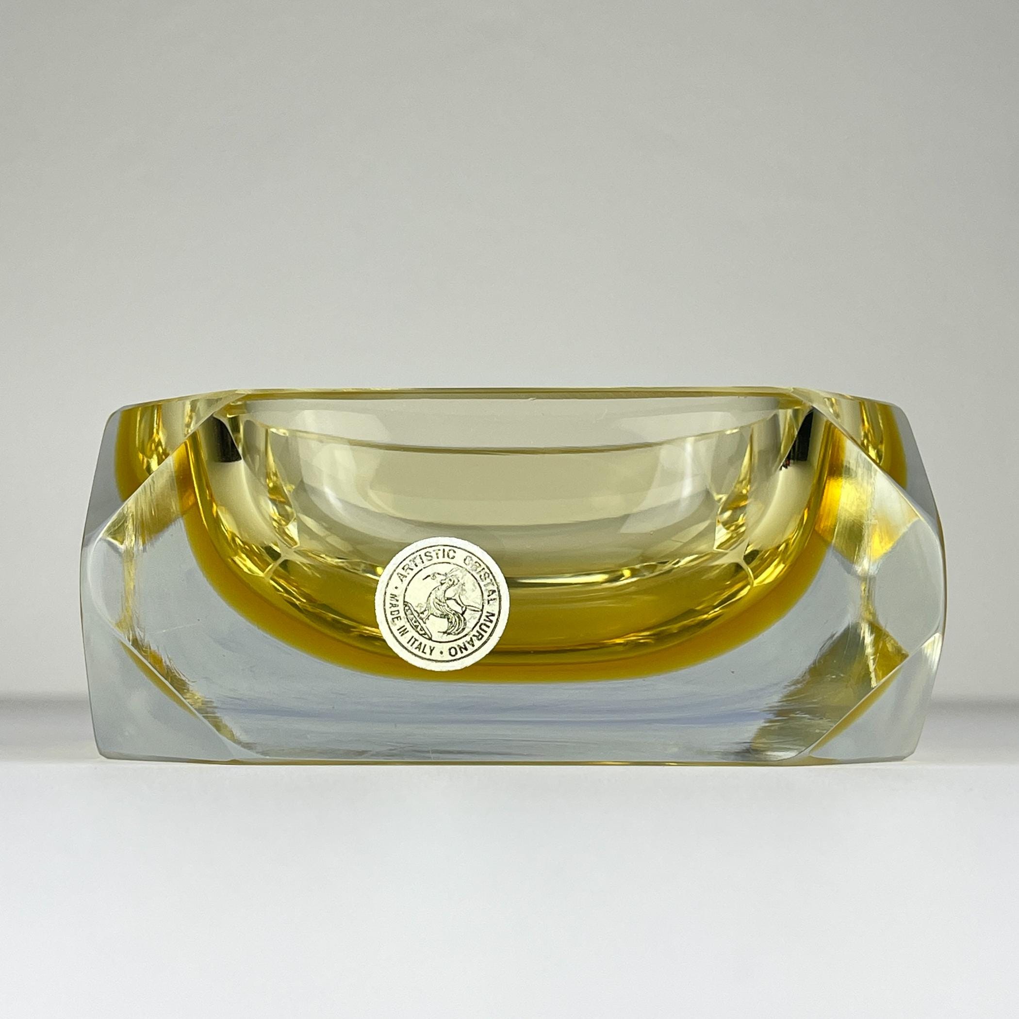 Original yellow murano glass ashtray by Bucella Cristalli Murano, Italy, 1970s, Vintage Home Decor