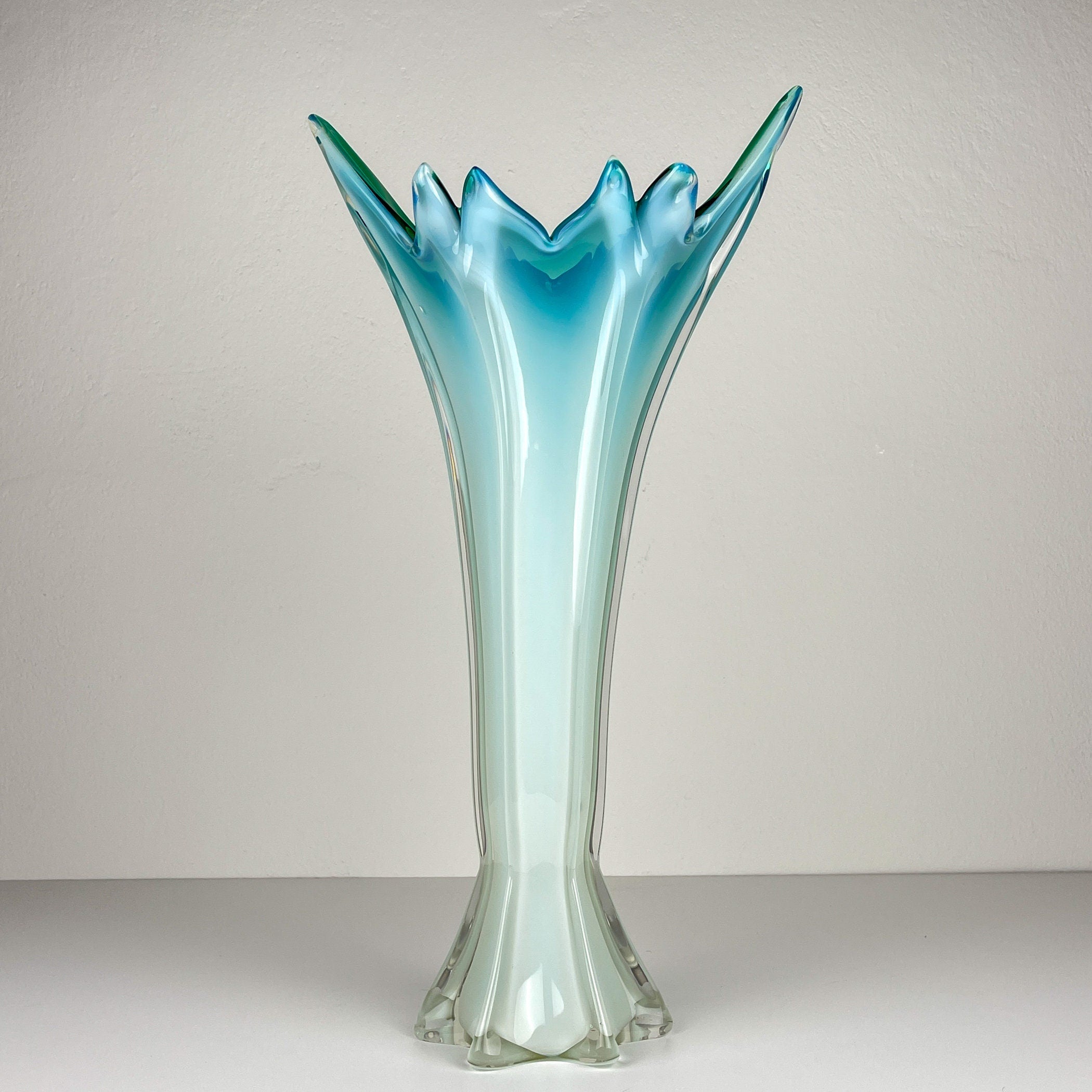 Vintage large green-blue murano vase, Italy 1970s, Mid-century home decor