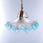 Vintage Italian Pendant Lamp: Blue & White Glass, Brass Accent, 1950s