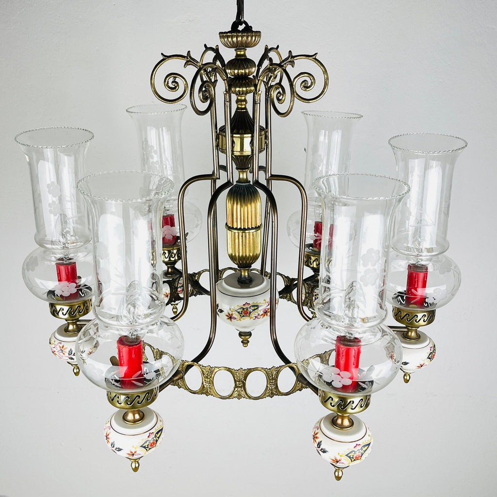 Vintage porcelain and brass chandelier Italy 1930s