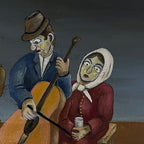 Vintage Naive Art Oil Painting: Rural Feast, Yugoslavia Folk Art