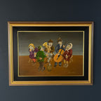 Vintage Naive Art Oil Painting: Rural Feast, Yugoslavia Folk Art