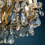 XL Vintage Crystal Chandelier: 1950s Italian Hollywood Regency Brass Lamp