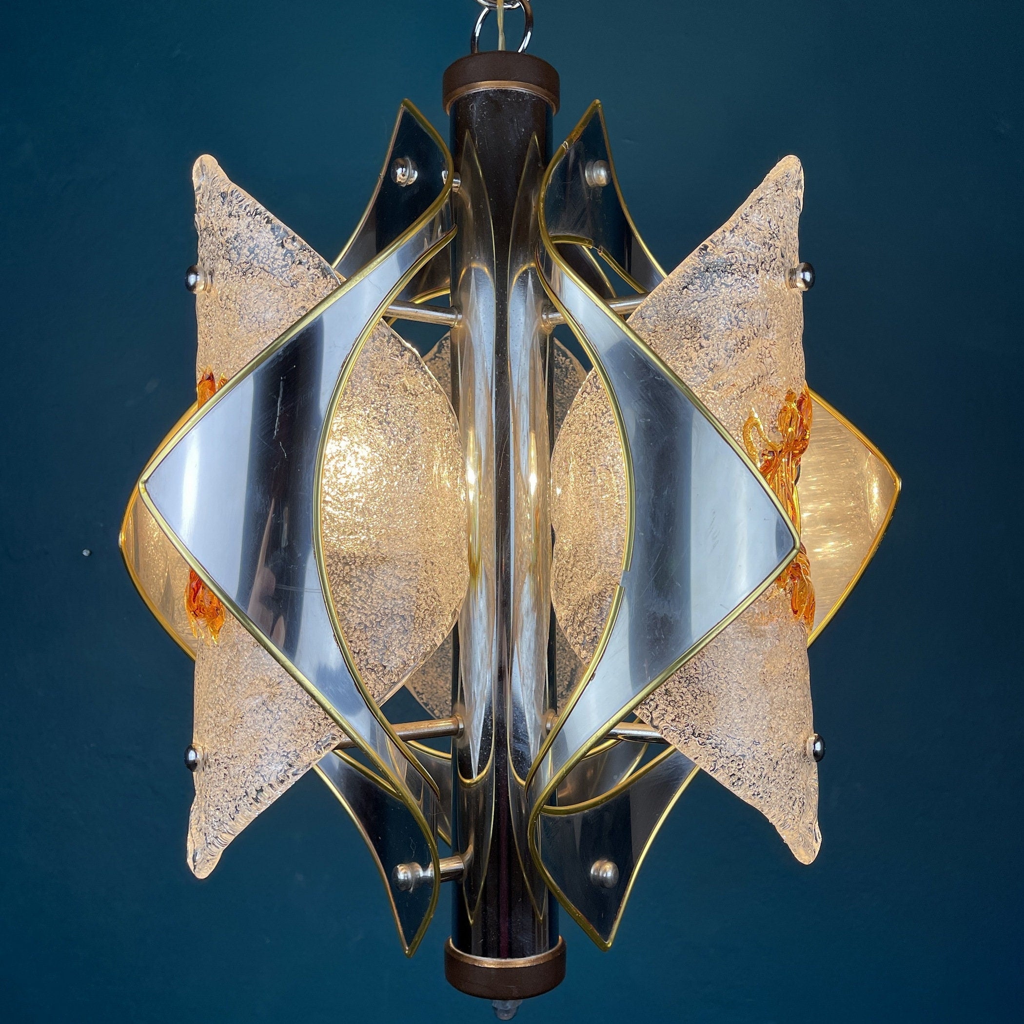 Vintage Amber Murano Glass Chandelier: Mazzega Toni Zuccheri, Italy 1970s
