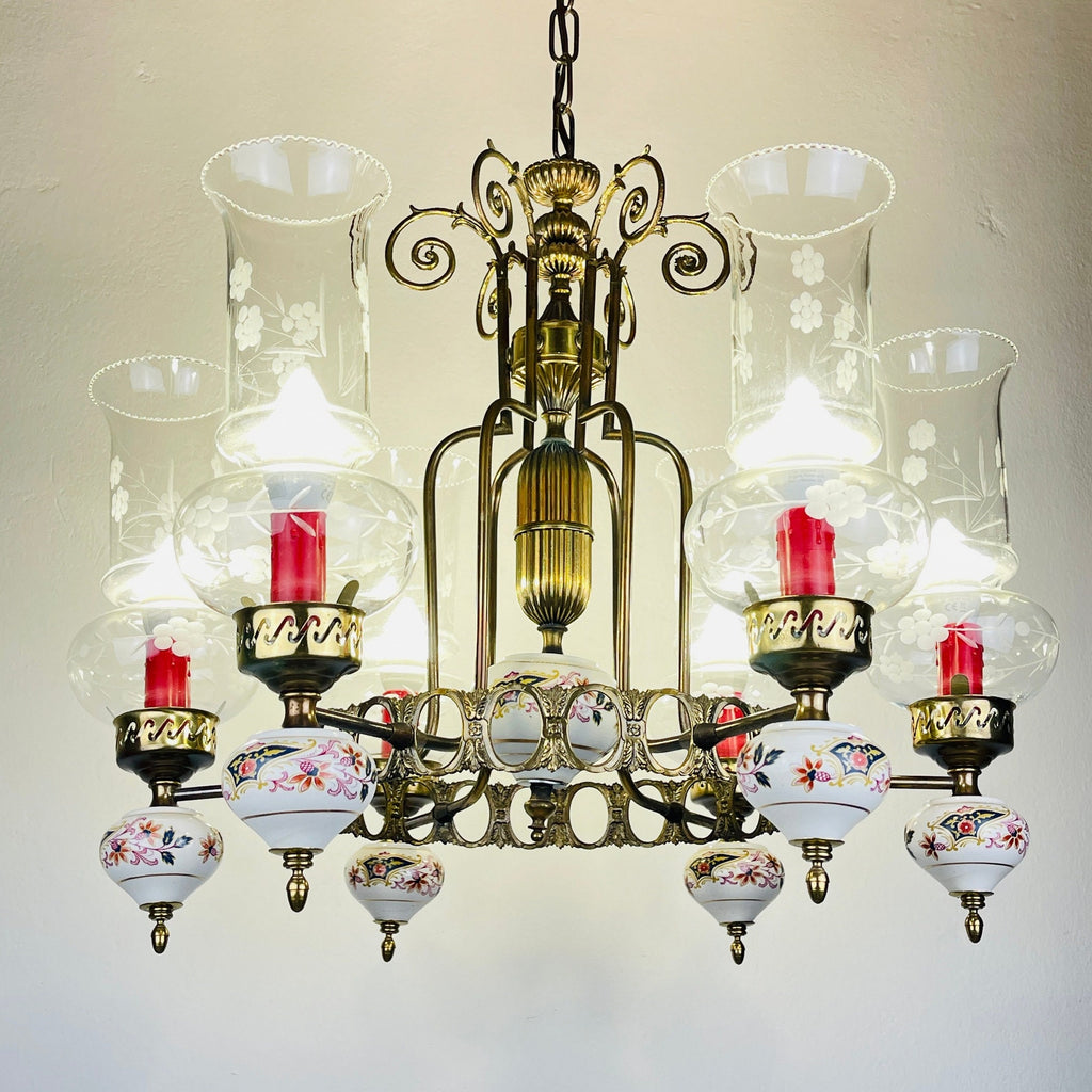 Vintage porcelain and brass chandelier Italy 1930s