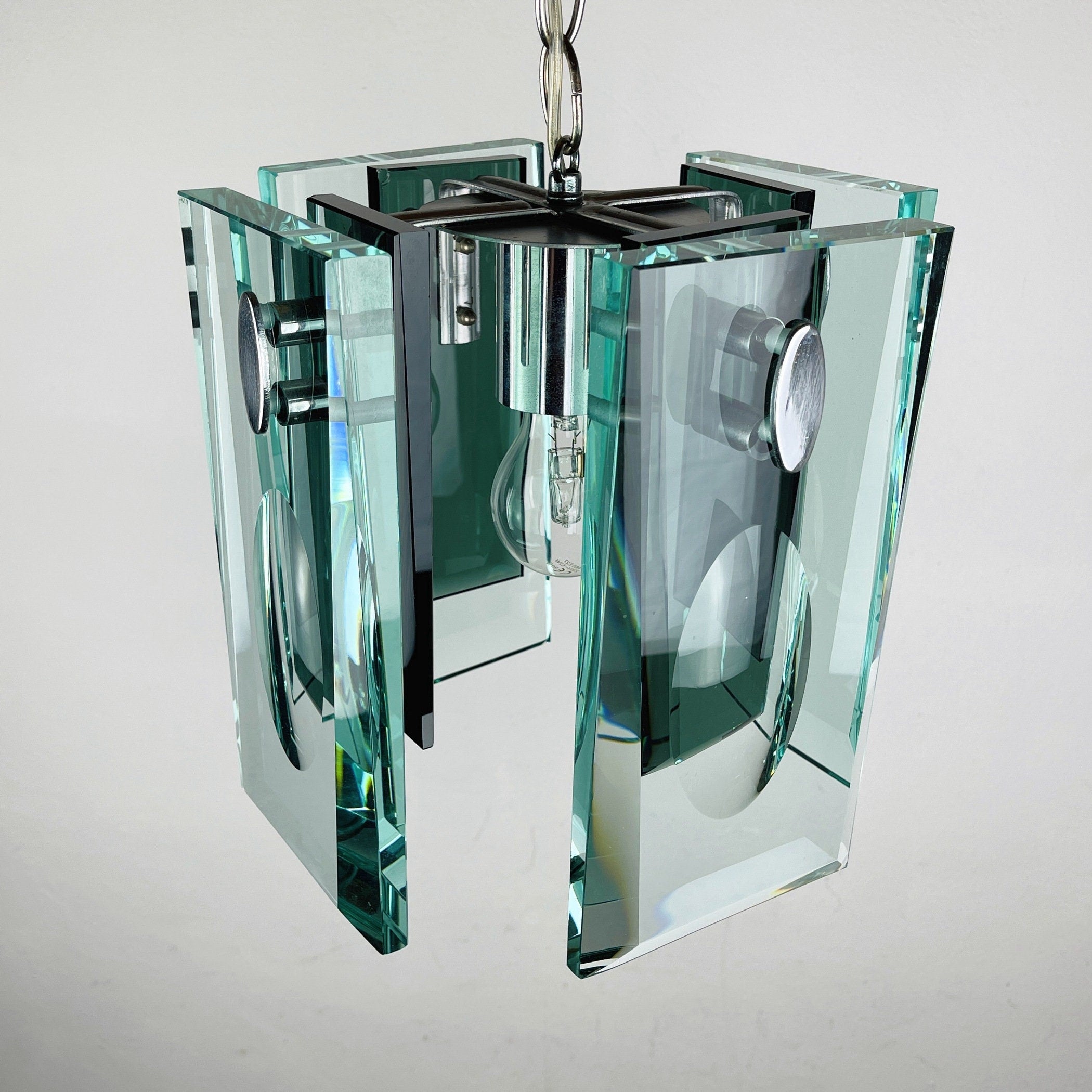 Fontana Arte Art Glass Pendant Lamp: Italian MCM 70s Design