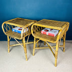 Pair of Vintage bamboo nightstands bedside tables Italy 1960s end table night side furniture modern tiki boho chic bohemian rattan wicker