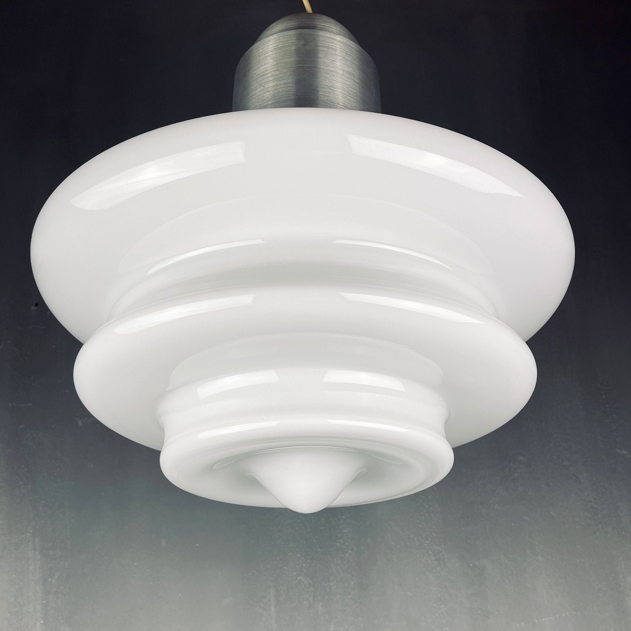 Large mid-century opaline white glass hanging lamp Italy 1960s Art deco Italian modern