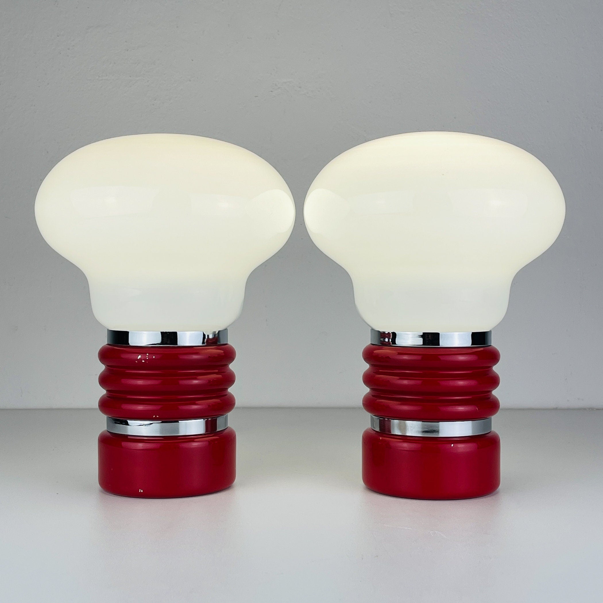 Vintage Enrico Tronconi Bulb Lamps: Red Enamel & Opaline Glass, Set of 2