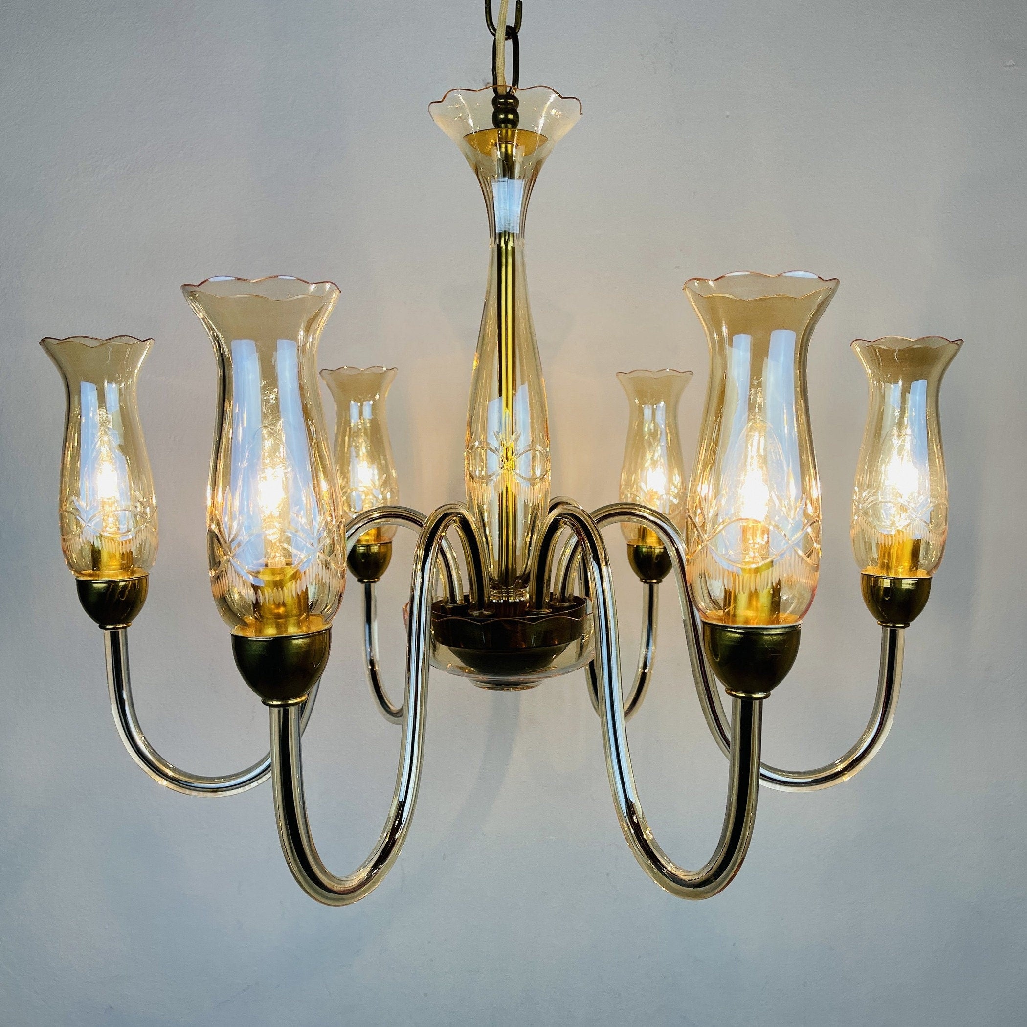 Vintage amber murano chandelier De Majo Italy 1970s Mid-century italian chandelier 6 bulbs