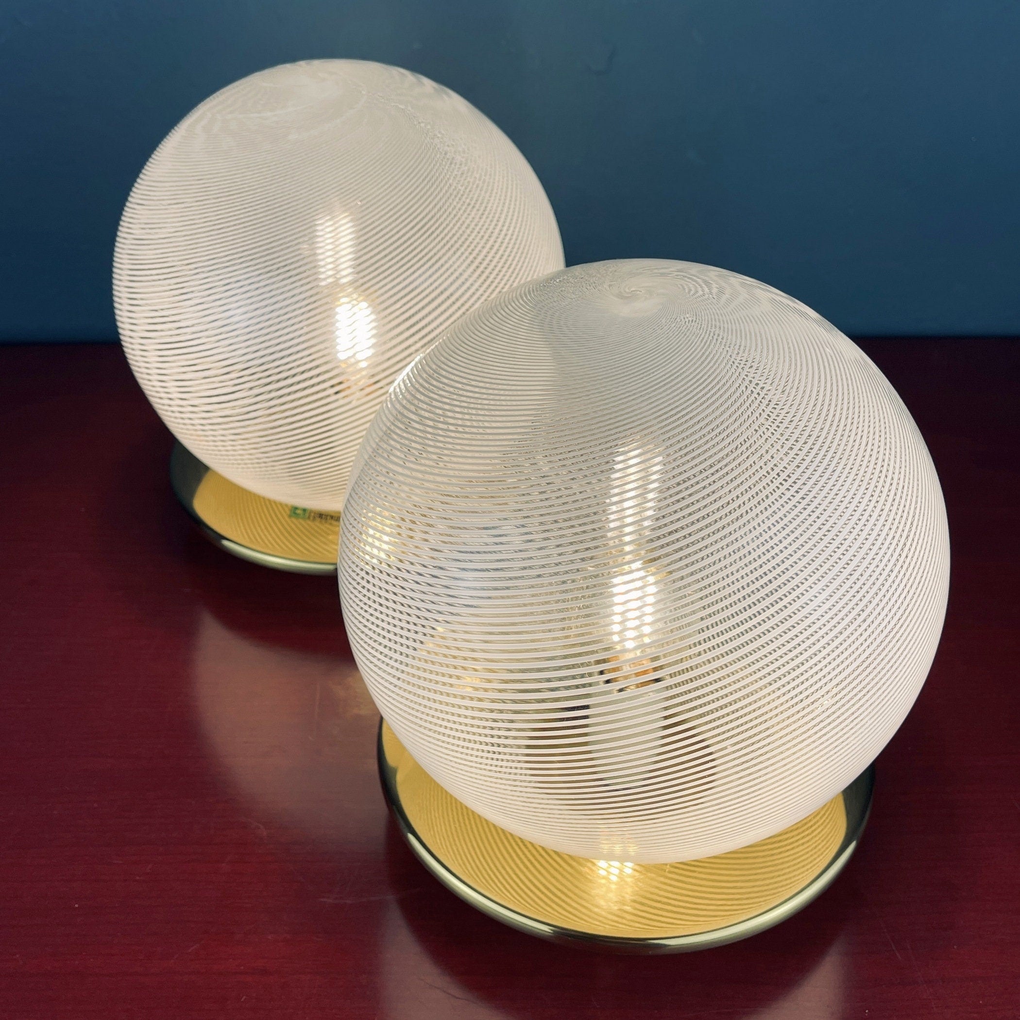 Vintage Murano Glass Table Lamps: F.Fabbian Italian Modern Sphere Set