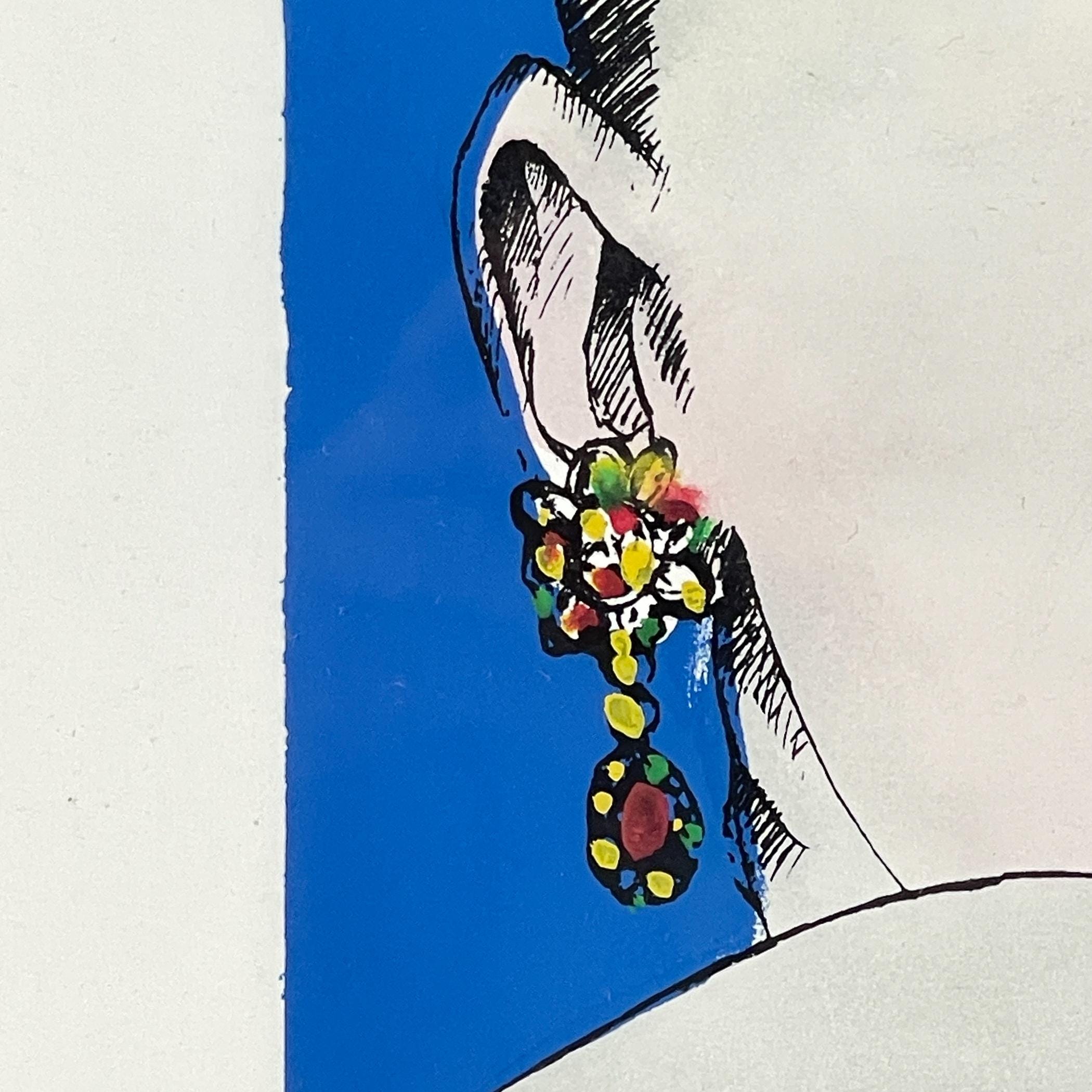 Limited edition lithograph Girl's head, Hand painted 33/100, Italy, 1977, Vintage home decor
